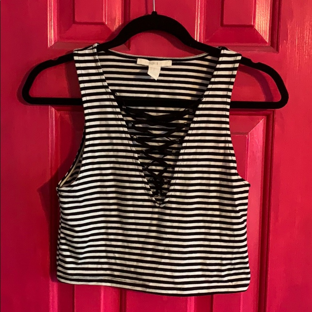 Black and White Stripe Crop Top with LaceUp Detail